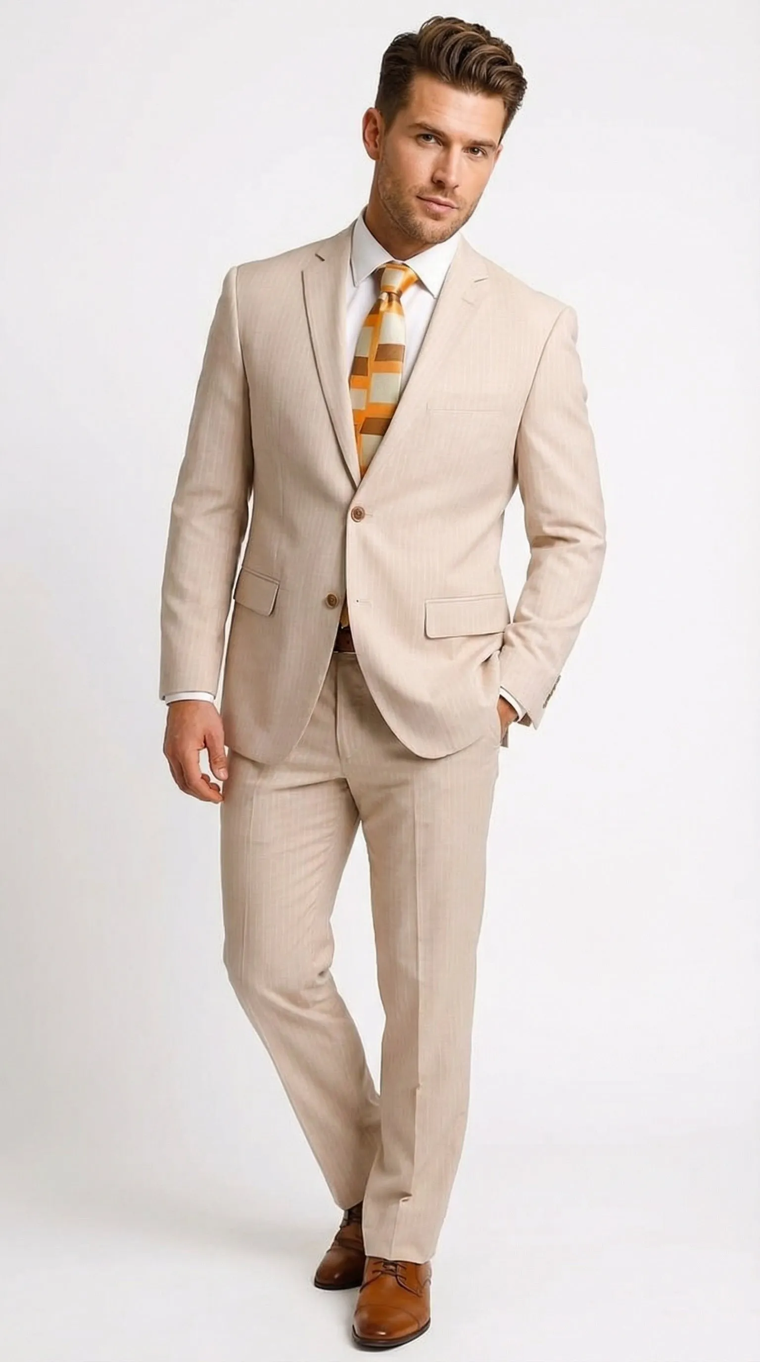 Vitali Men’s Natural Beige Pinstripe Suit – Summer Tan Pinstripe Weddings and Business Wear sold by Alberto Nardoni
