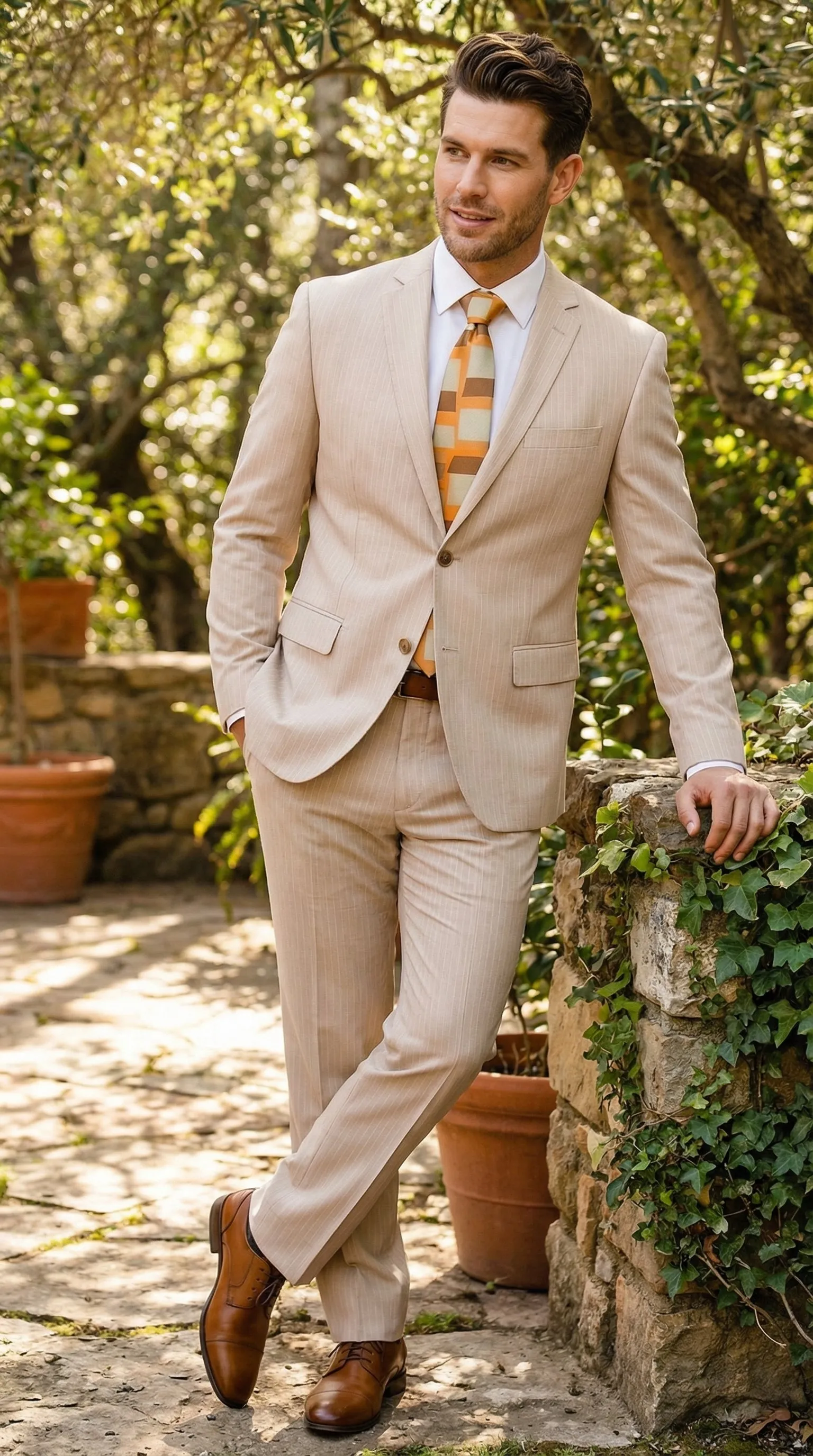Vitali Men’s Natural Beige Pinstripe Suit – Summer Tan Pinstripe Weddings and Business Wear sold by Alberto Nardoni product image thumbnail 5