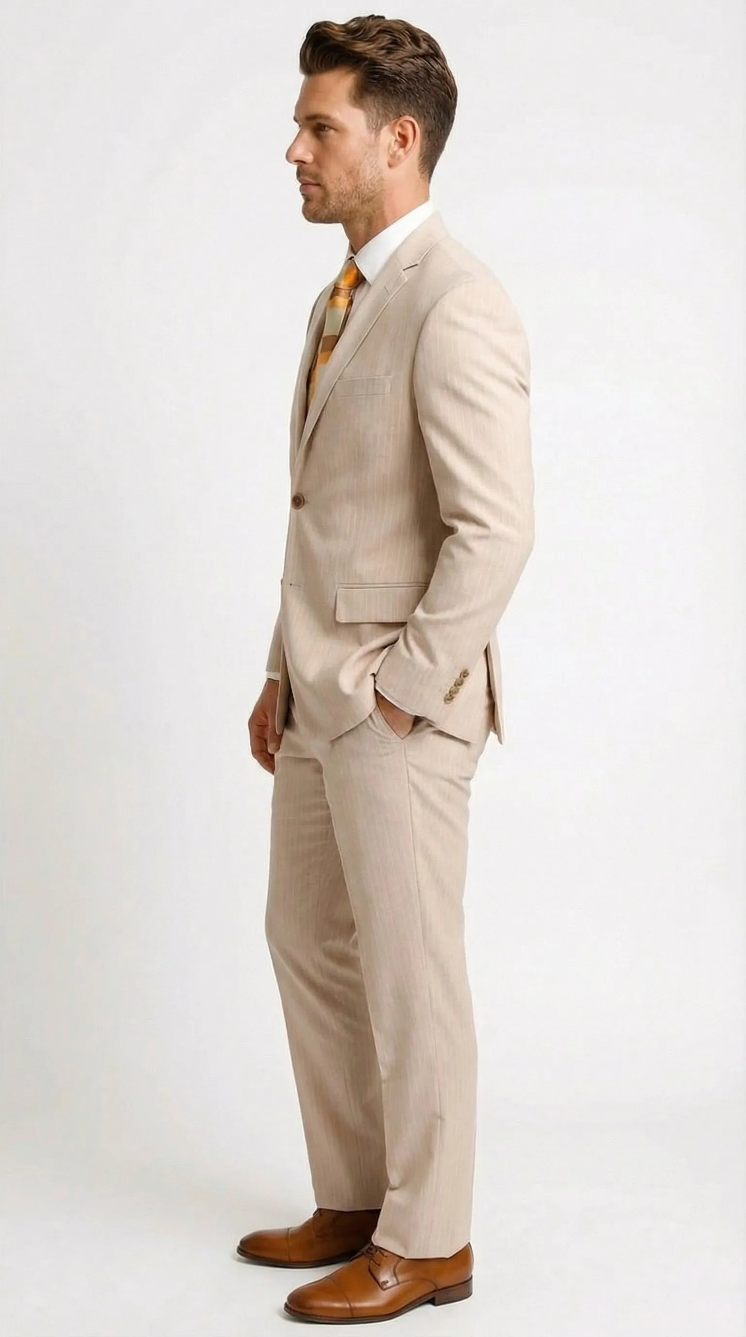 Vitali Men’s Natural Beige Pinstripe Suit – Summer Tan Pinstripe Weddings and Business Wear sold by Alberto Nardoni product image thumbnail 3