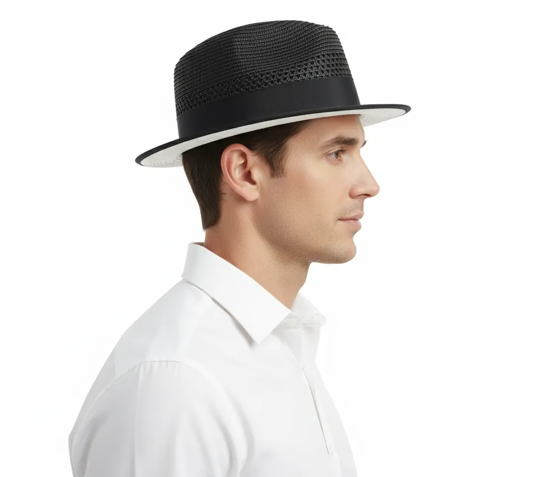 Men’s Two-Tone Black and White Fedora Hat with Feather Accent – Stylish Summer Dress Hat sold by Alberto Nardoni product image thumbnail 3