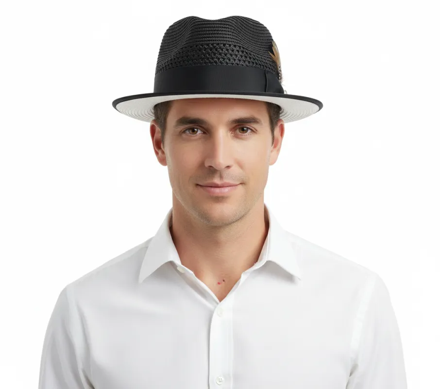 Men’s Two-Tone Black and White Fedora Hat with Feather Accent – Stylish Summer Dress Hat sold by Alberto Nardoni