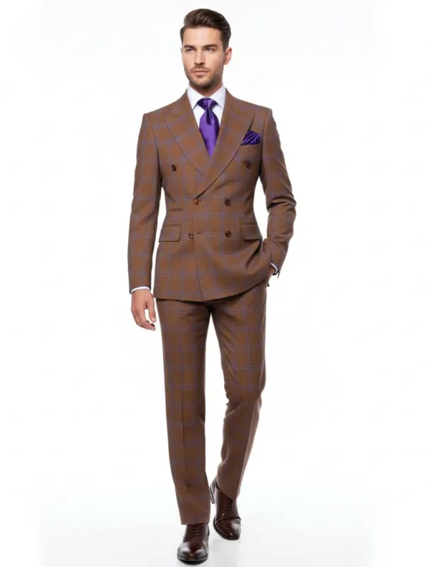 Men’s Brown Plaid Double-Breasted Suit – Premium 2-Piece Classic Checkered Windowpane Suit by Rossiman sold by Alberto Nardoni