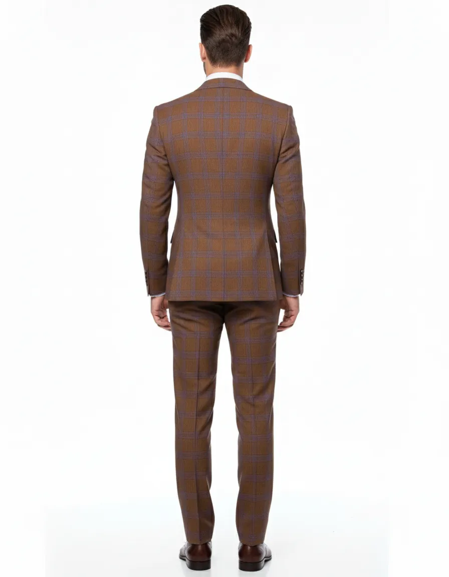 Men’s Brown Plaid Double-Breasted Suit – Premium 2-Piece Classic Checkered Windowpane Suit by Rossiman sold by Alberto Nardoni product image thumbnail 2