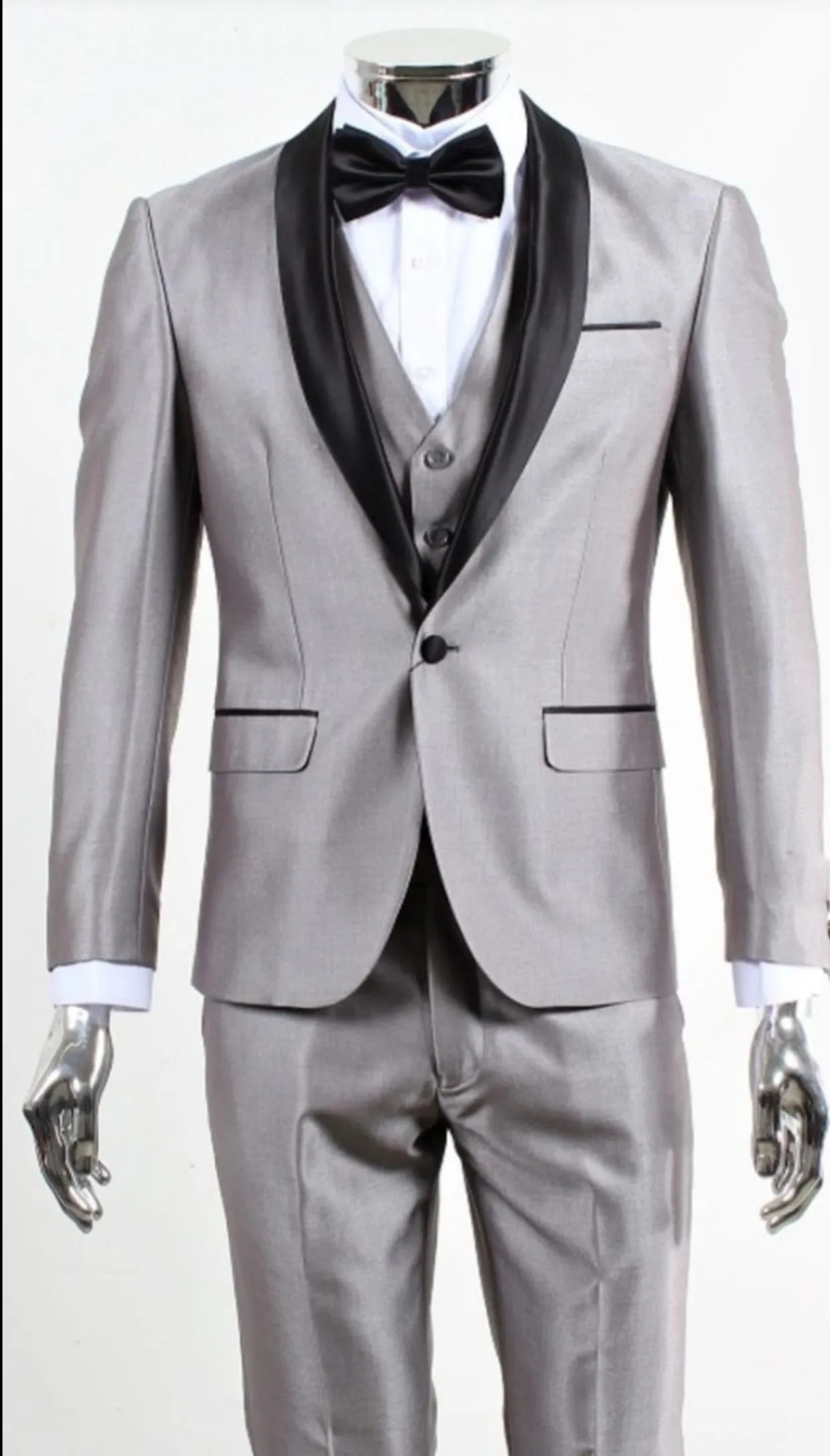 Men’s Silver Shiny Tuxedo 3 Piece Suit with Black Shawl Lapel | Formal Wedding Prom Suit Set Sharkskin Fabric Slim Fit sold by Alberto Nardoni product image thumbnail 5