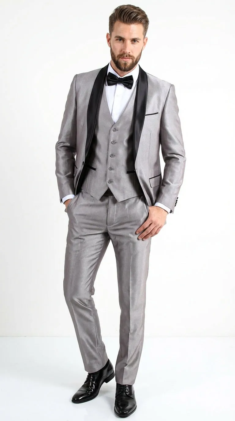 Men’s Silver Shiny Tuxedo 3 Piece Suit with Black Shawl Lapel | Formal Wedding Prom Suit Set Sharkskin Fabric Slim Fit sold by Alberto Nardoni