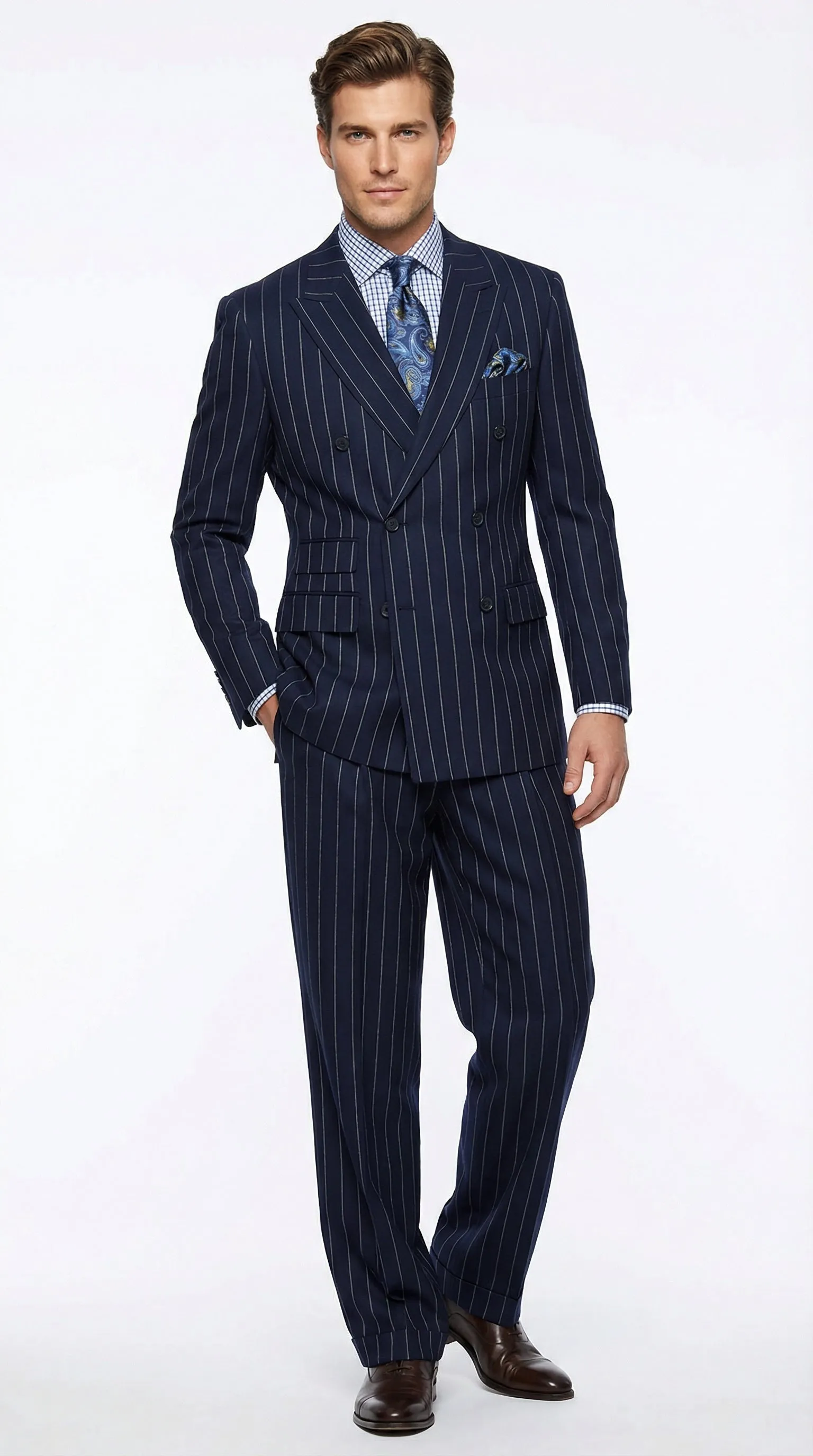 Men's Navy Blue Double Breasted Pinstripe Suit – Modern Fit By rossiman sold by Alberto Nardoni