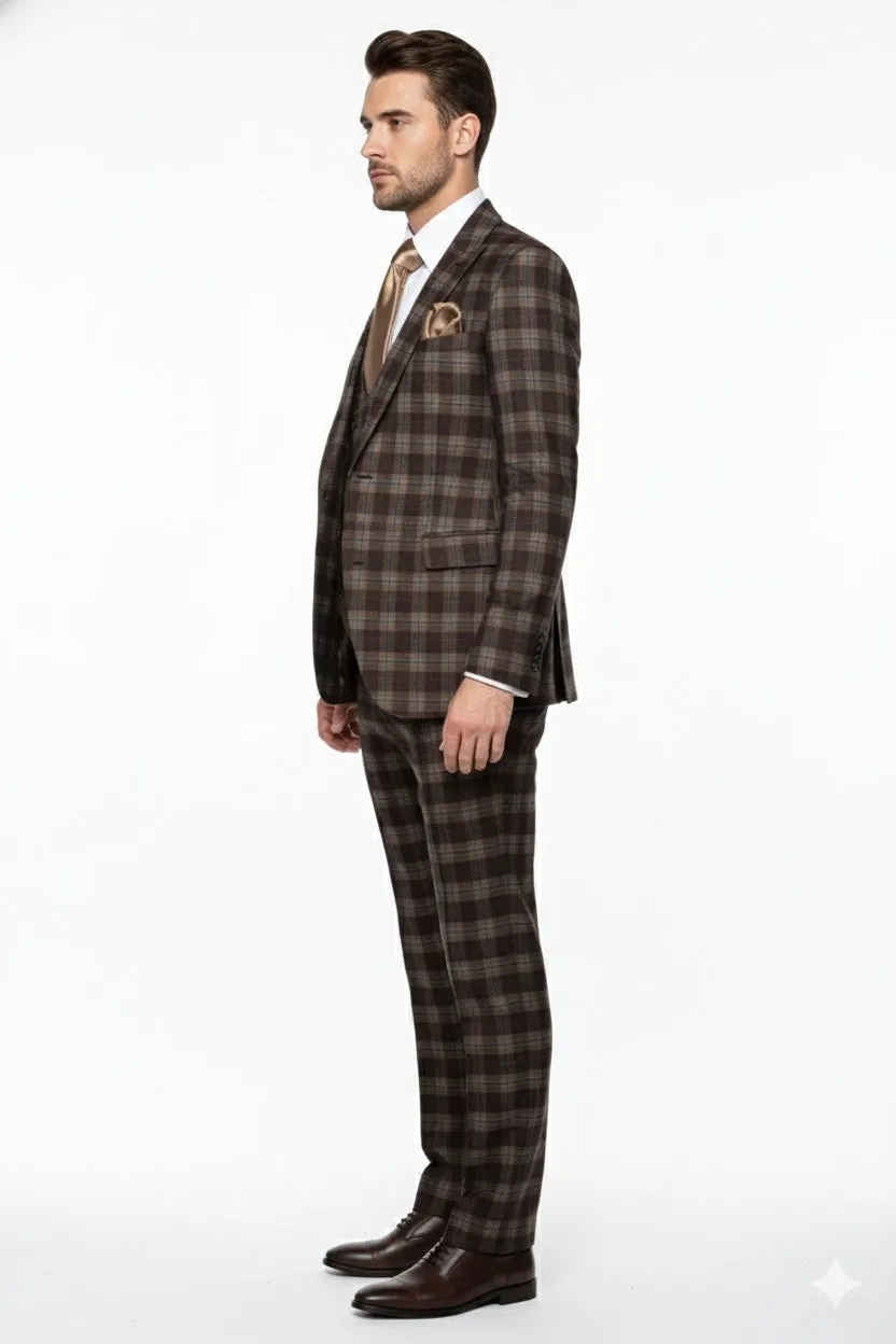 Men’s Brown Plaid Windowpane Three-Piece Suit Set – Classic Slim Fit Jacket, Double-Breasted Vest and Modern Fit Pants By Rossiman sold by Alberto Nardoni product image thumbnail 3