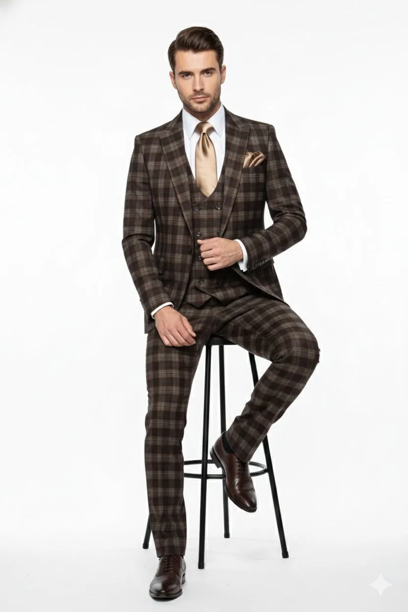 Men’s Brown Plaid Windowpane Three-Piece Suit Set – Classic Slim Fit Jacket, Double-Breasted Vest and Modern Fit Pants By Rossiman sold by Alberto Nardoni product image thumbnail 4