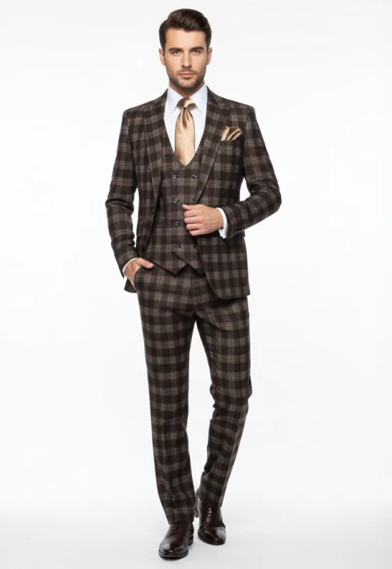 Men’s Brown Plaid Windowpane Three-Piece Suit Set – Classic Slim Fit Jacket, Double-Breasted Vest and Modern Fit Pants  By Rossiman sold by Alberto Nardoni