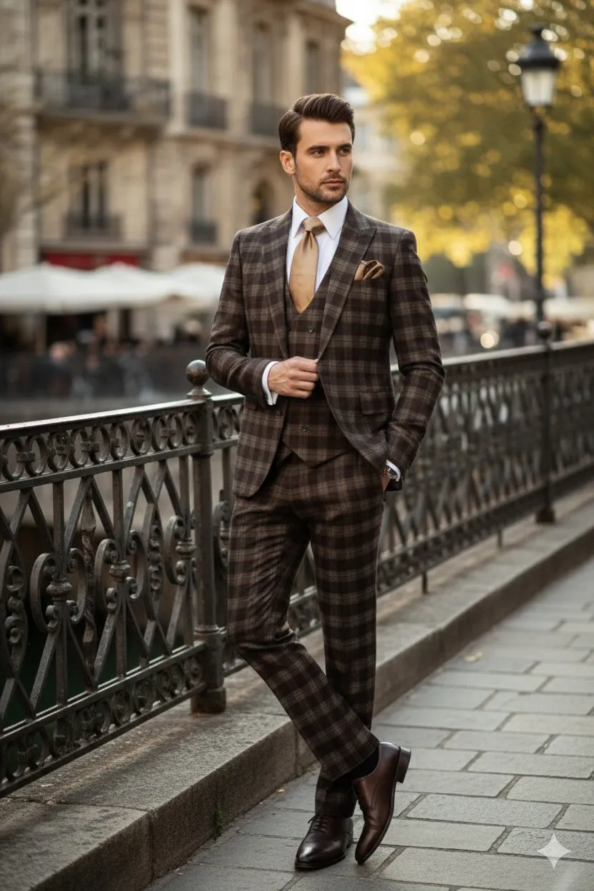Men’s Brown Plaid Windowpane Three-Piece Suit Set – Classic Slim Fit Jacket, Double-Breasted Vest and Modern Fit Pants By Rossiman sold by Alberto Nardoni product image thumbnail 5