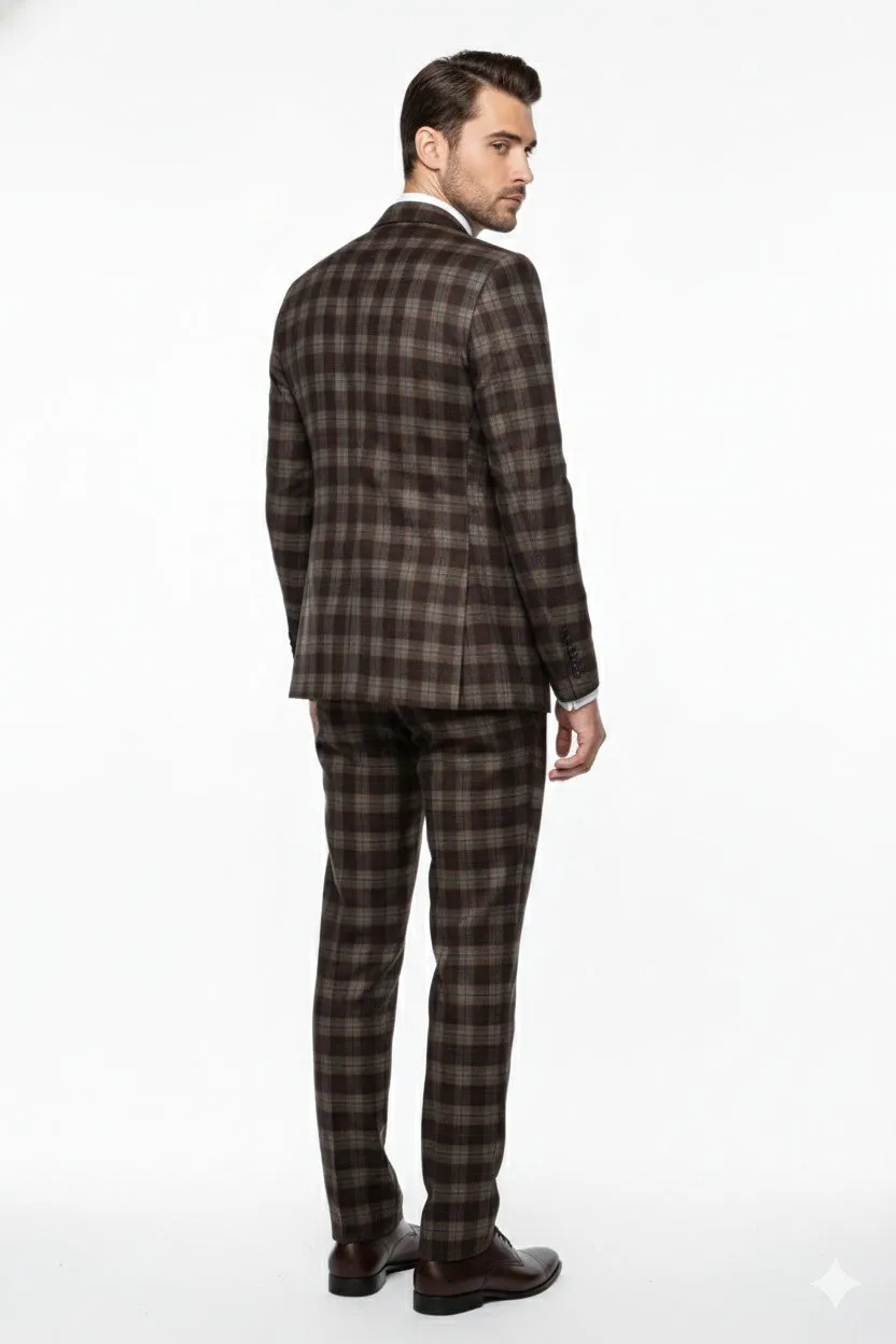 Men’s Brown Plaid Windowpane Three-Piece Suit Set – Classic Slim Fit Jacket, Double-Breasted Vest and Modern Fit Pants By Rossiman sold by Alberto Nardoni product image thumbnail 2
