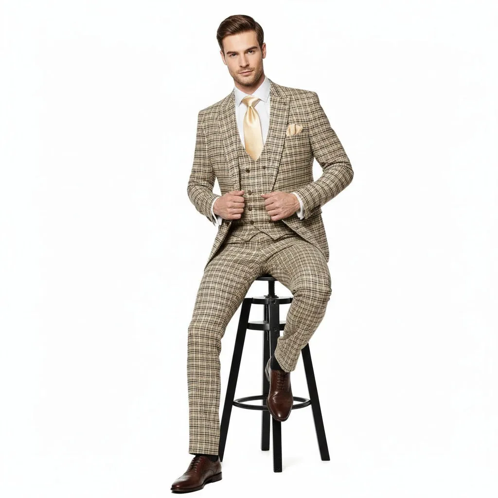 Men’s Beige and Navy Check 3-Piece Suit Set – Premium Tailored Fit Formal Wedding and Business Suit By Rossiman sold by Alberto Nardoni product image thumbnail 4