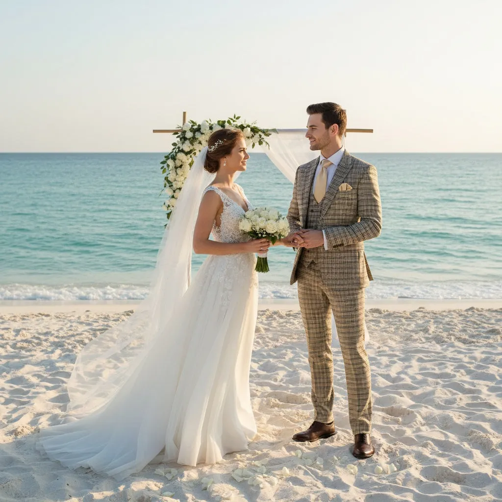 Men’s Beige and Navy Check 3-Piece Suit Set – Premium Tailored Fit Formal Wedding and Business Suit By Rossiman sold by Alberto Nardoni product image thumbnail 5