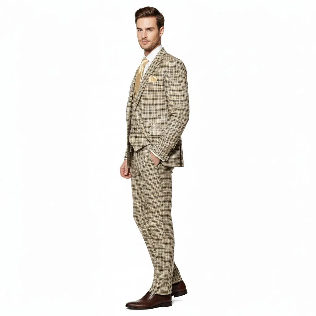 Men’s Beige and Navy Check 3-Piece Suit Set – Premium Tailored Fit Formal Wedding and Business Suit By Rossiman sold by Alberto Nardoni product image thumbnail 3