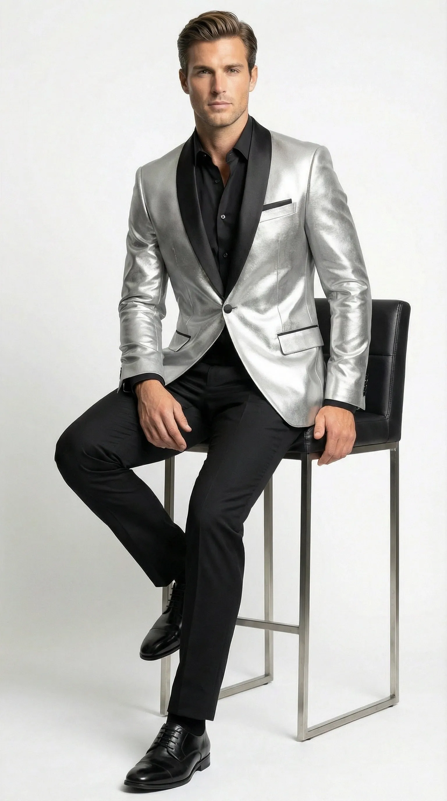 Men’s Shiny Silver Blazer with Black Lapel – Luxury Metallic Formal Jacket for Party, Evening and Special Events sold by Alberto Nardoni product image thumbnail 5