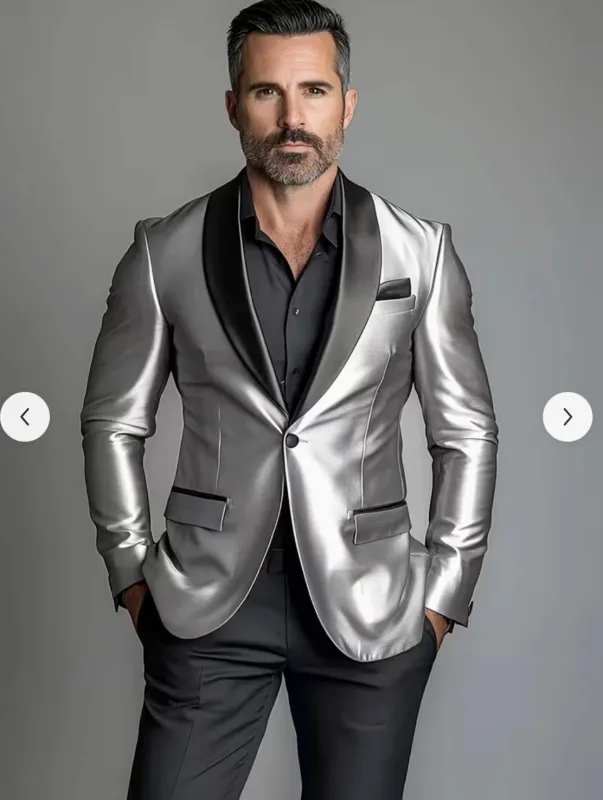 Men’s Shiny Silver Blazer with Black Lapel – Luxury Metallic Formal Jacket for Party, Evening and Special Events sold by Alberto Nardoni