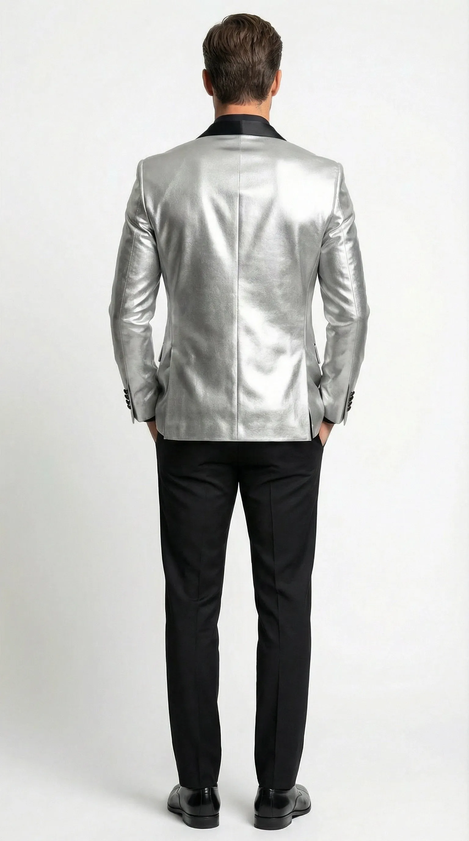 Men’s Shiny Silver Blazer with Black Lapel – Luxury Metallic Formal Jacket for Party, Evening and Special Events sold by Alberto Nardoni product image thumbnail 3