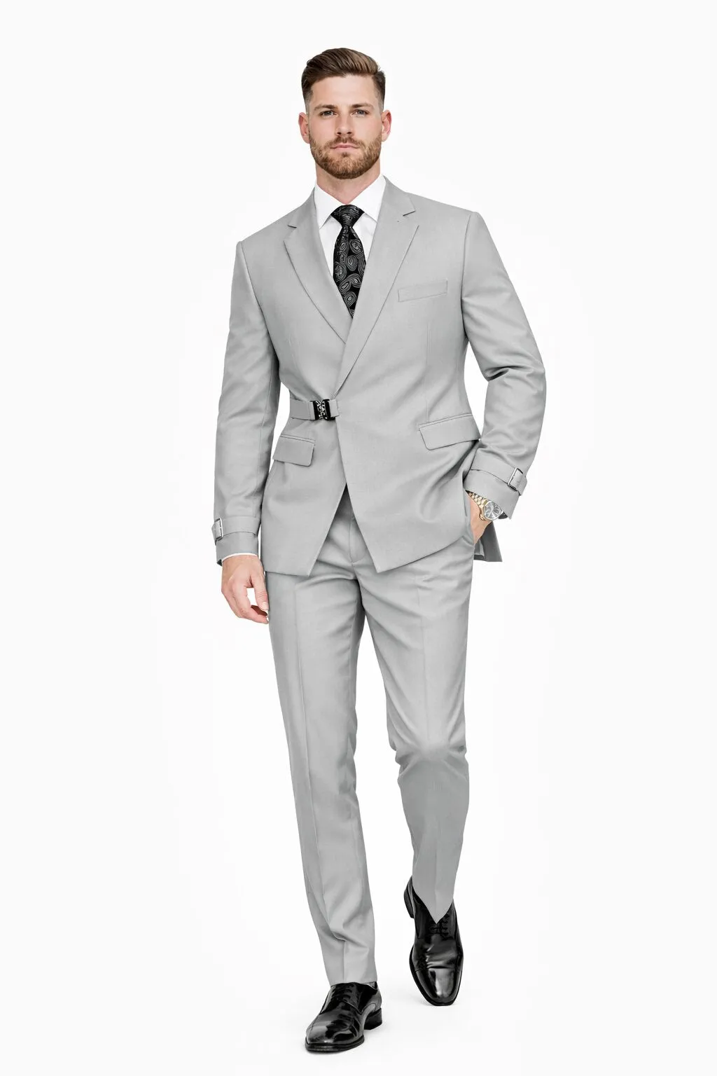 Men’s Light Grey Double Breasted Modern Designer Tailored Fit Wool Suit with Metal Buckle Closure sold by Alberto Nardoni product image thumbnail 5