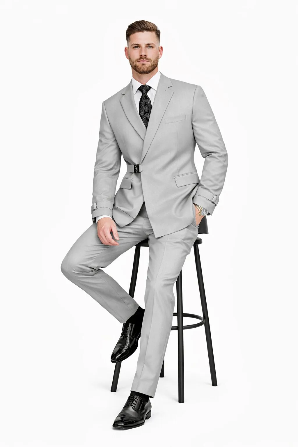 Men’s Light Grey Double Breasted Modern Designer Tailored Fit Wool Suit with Metal Buckle Closure sold by Alberto Nardoni product image thumbnail 4