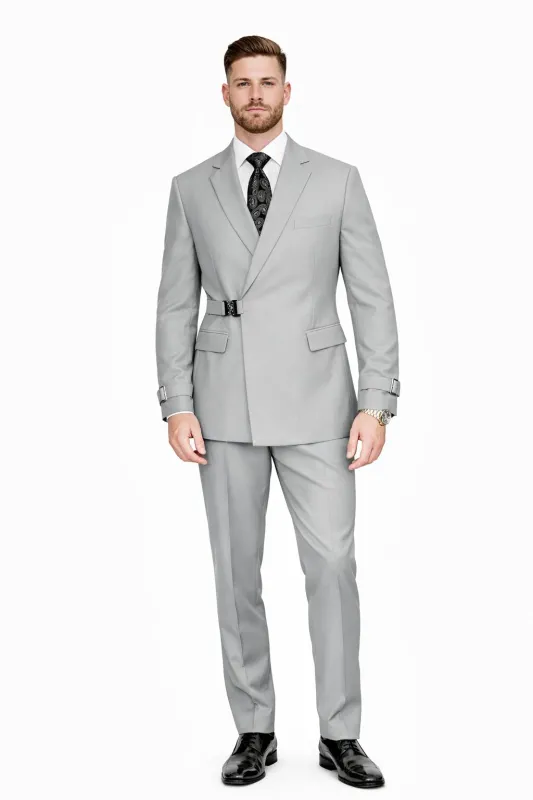Men’s Light Grey Double Breasted Modern Designer Tailored Fit Wool Suit with Metal Buckle Closure sold by Alberto Nardoni