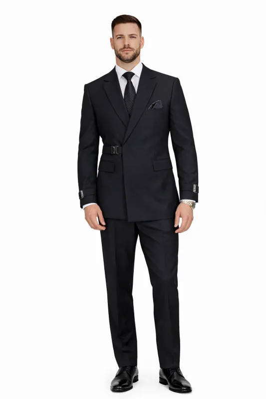Men’s Black Double Breasted Wool Suit with Metal Buckle Closure sold by Alberto Nardoni