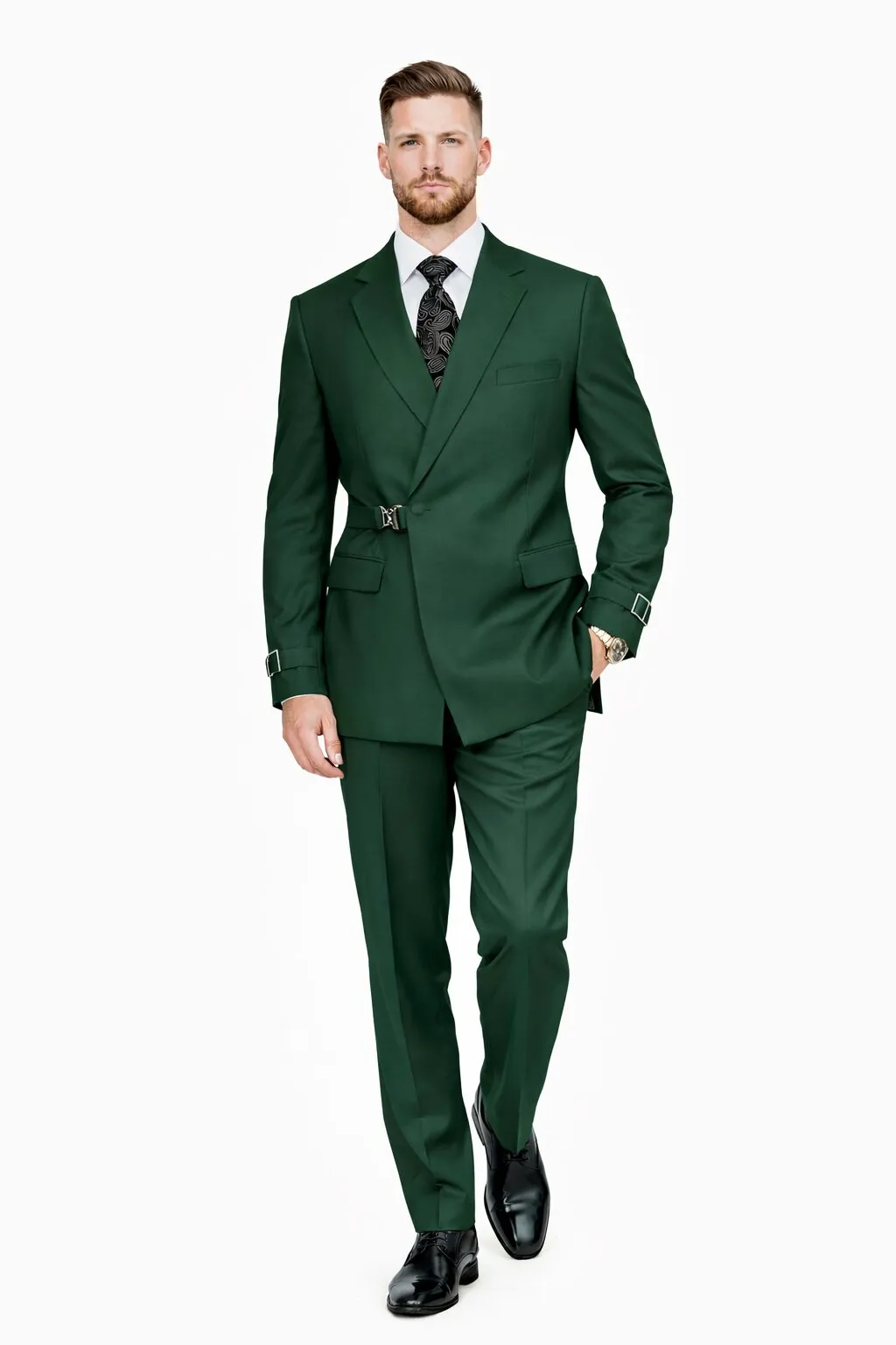 Mens Designer Tailored Fit Hunter Green Double Breasted Wool Suit with Metal Buckle Closure sold by Alberto Nardoni product image thumbnail 5