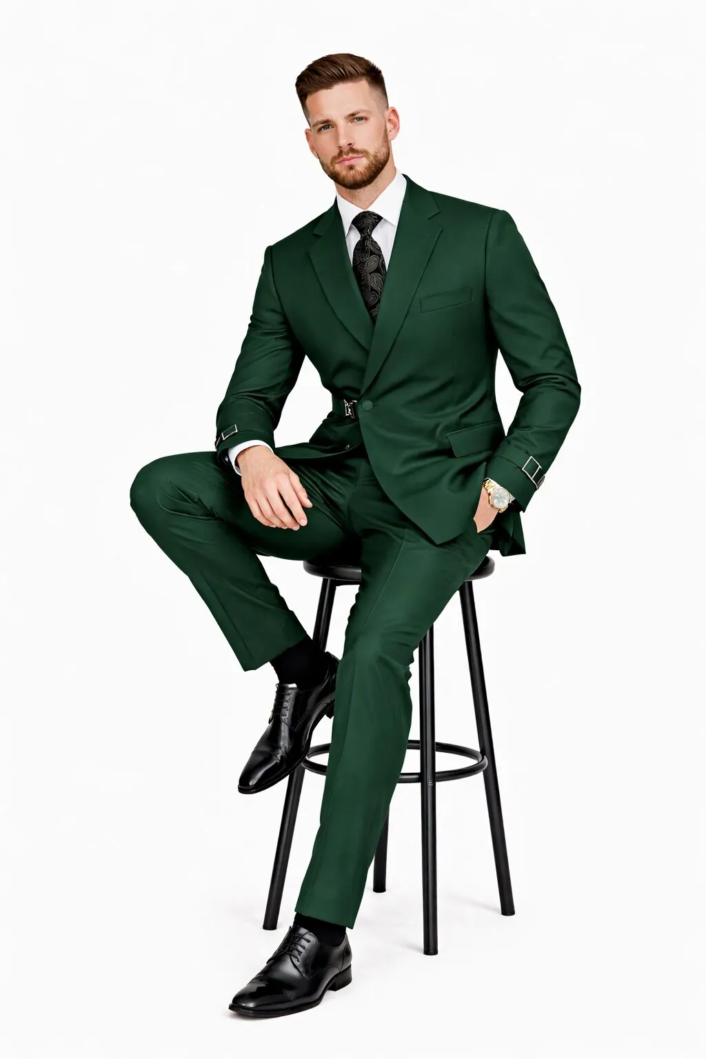 Mens Designer Tailored Fit Hunter Green Double Breasted Wool Suit with Metal Buckle Closure sold by Alberto Nardoni product image thumbnail 4
