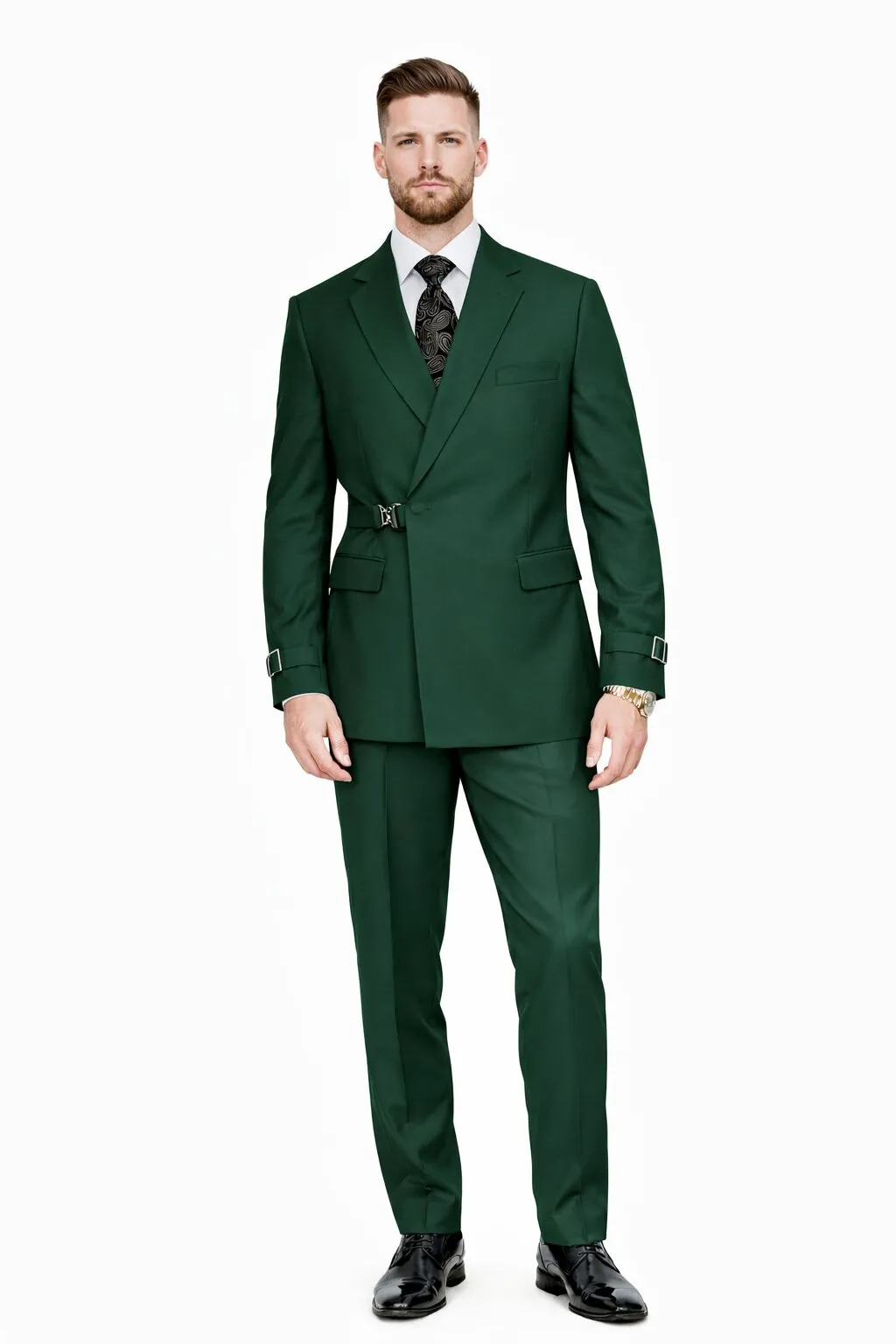 Mens Designer Tailored Fit Hunter Green Double Breasted Wool Suit with Metal Buckle Closure sold by Alberto Nardoni