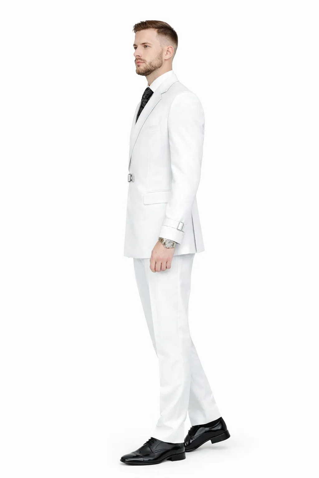 Men’s White Double Breasted Wool Suit with Designer Tailored Formal Set Metal Buckle Closure sold by Alberto Nardoni product image thumbnail 3
