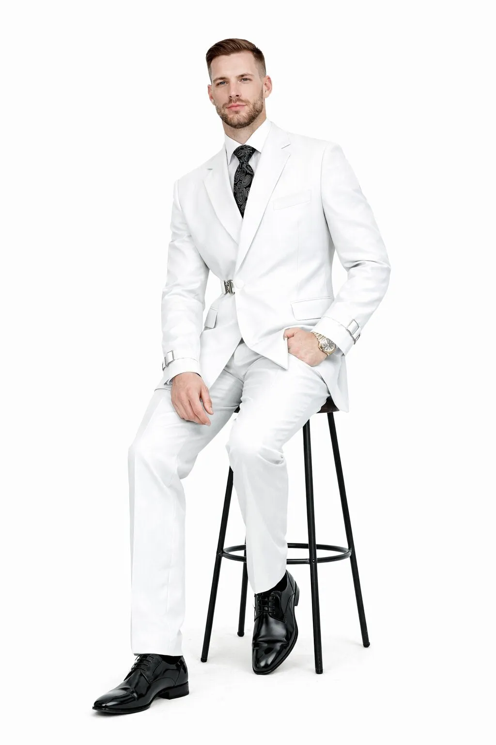 Men’s White Double Breasted Wool Suit with Designer Tailored Formal Set Metal Buckle Closure sold by Alberto Nardoni product image thumbnail 4