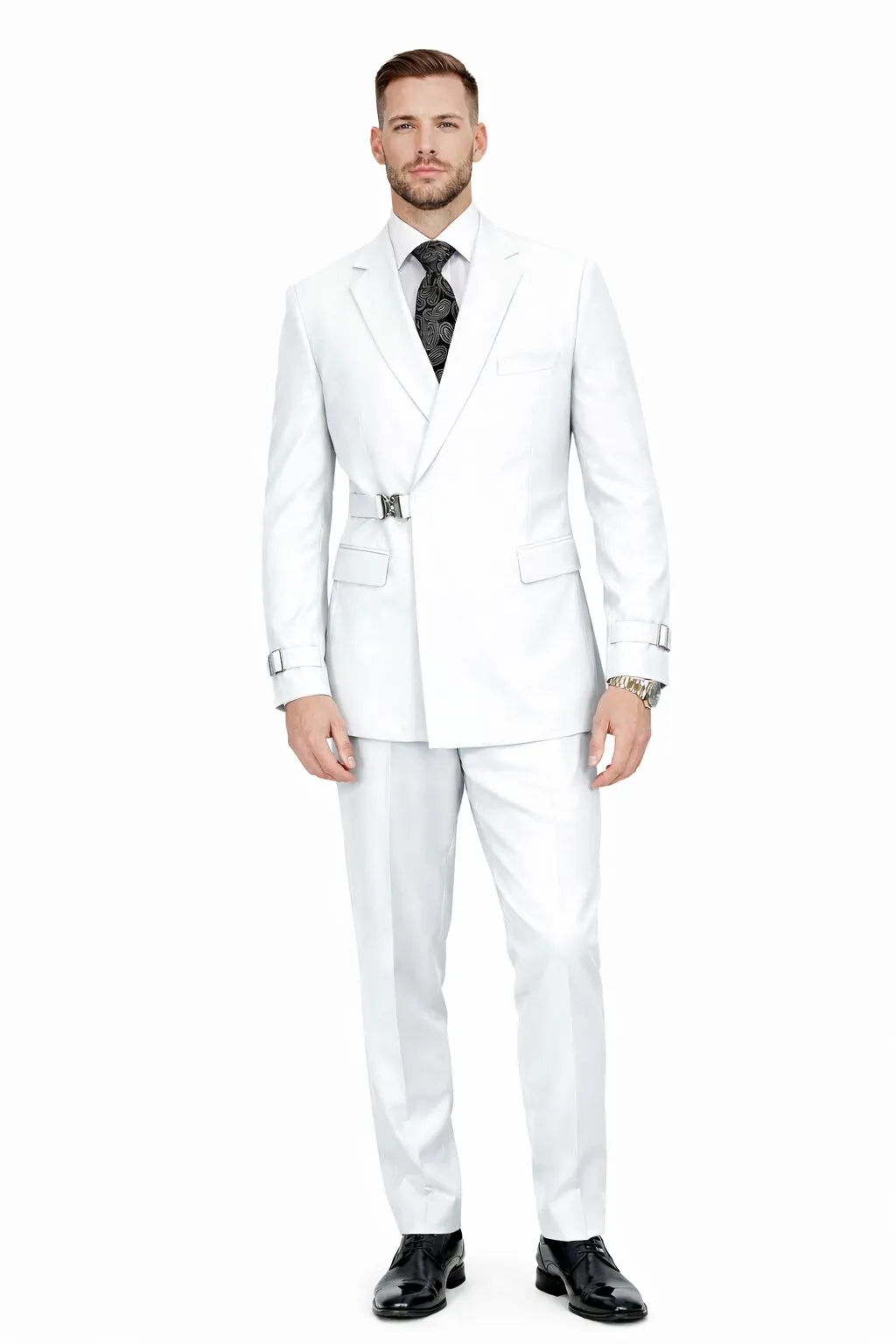 Men’s White Double Breasted Wool Suit with Designer Tailored Formal Set Metal Buckle Closure sold by Alberto Nardoni
