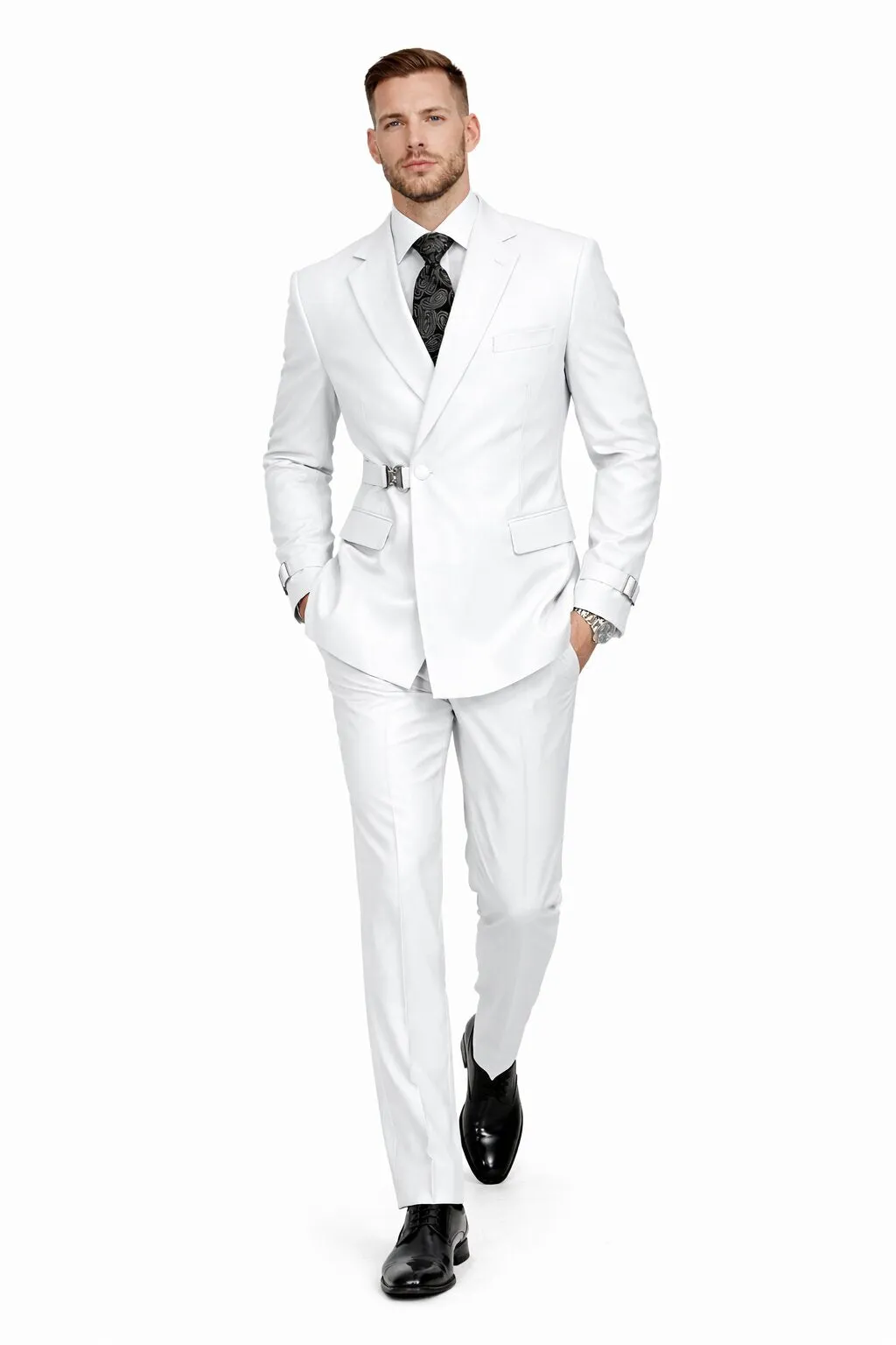 Men’s White Double Breasted Wool Suit with Designer Tailored Formal Set Metal Buckle Closure sold by Alberto Nardoni product image thumbnail 5