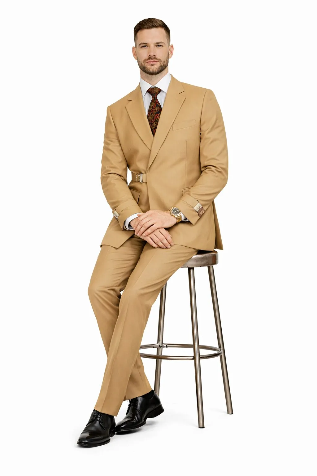 Men’s Camel Double Breasted Wool Suit with Metal Buckle Closure sold by Alberto Nardoni product image thumbnail 4