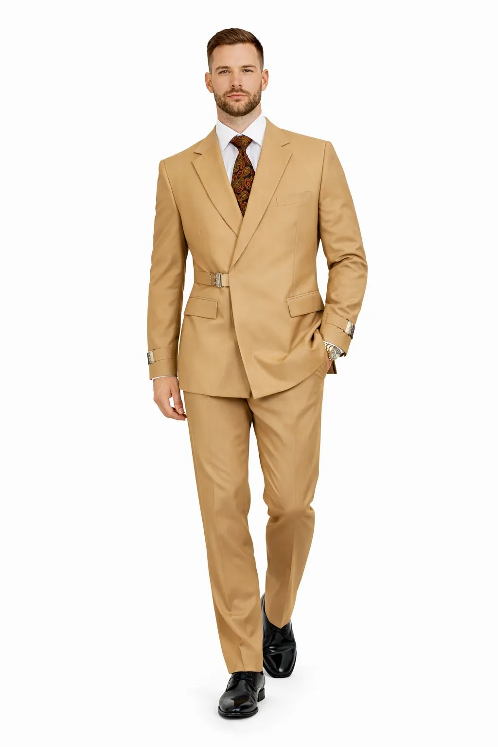 Men’s Camel Double Breasted Wool Suit with Metal Buckle Closure sold by Alberto Nardoni product image thumbnail 5