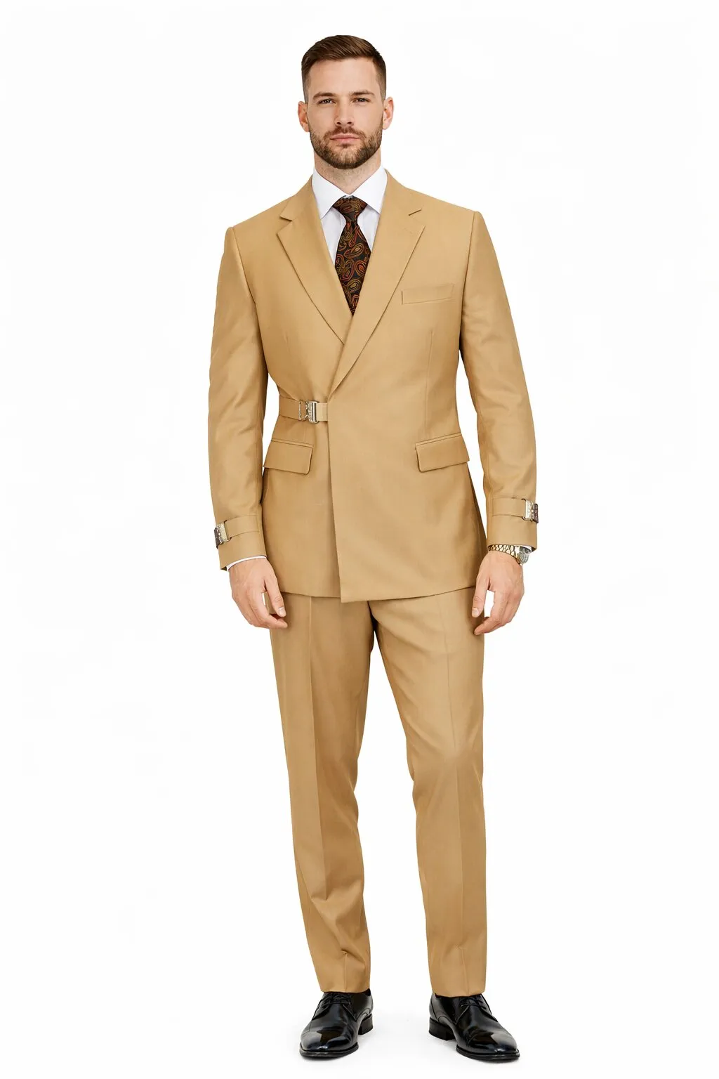 Men’s Camel Double Breasted Wool Suit with Metal Buckle Closure sold by Alberto Nardoni