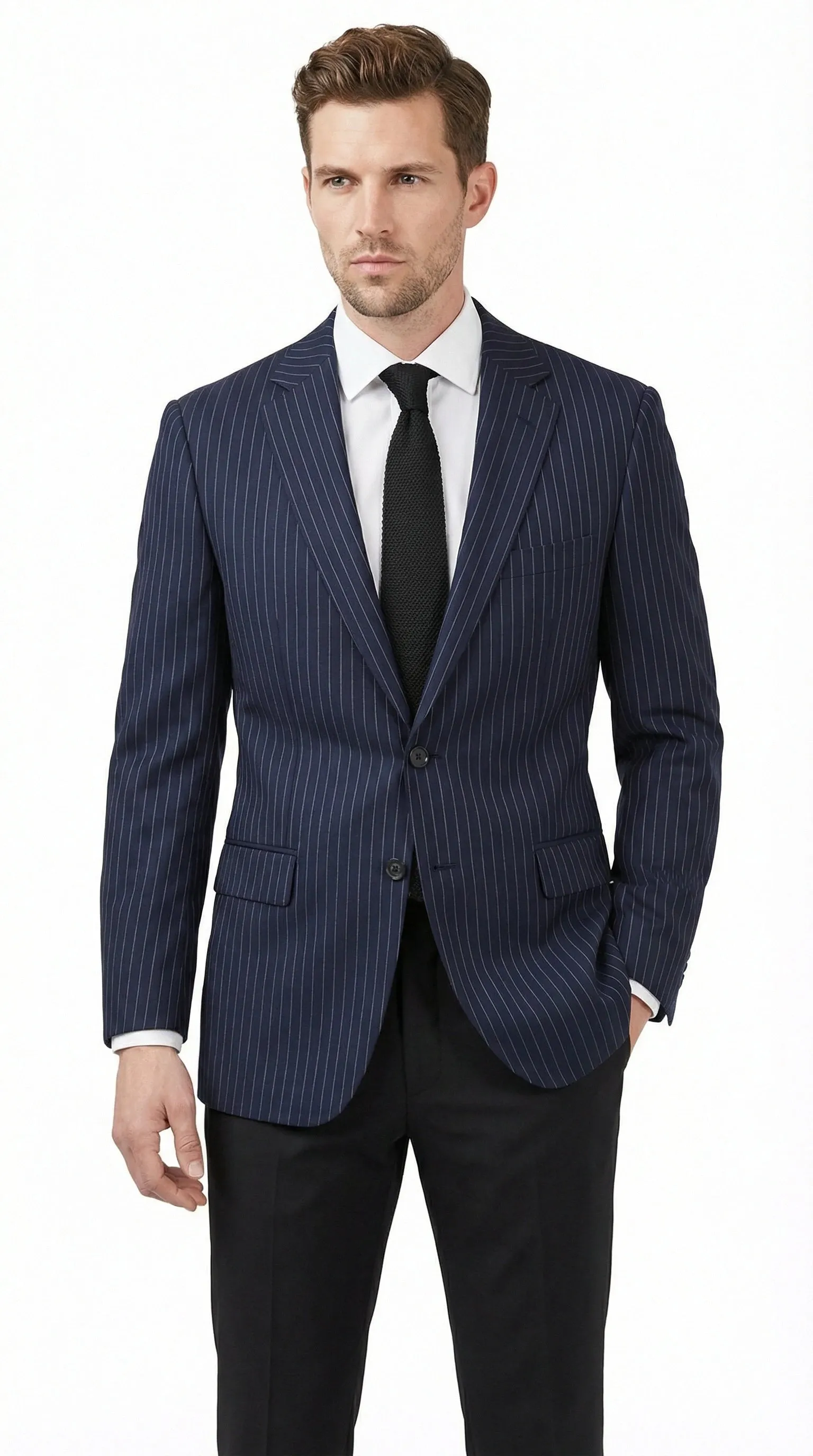 Men’s Navy Blue Pinstripe Blazer – Classic Tailored Formal Jacket for Business, Office and Professional Wear sold by Alberto Nardoni