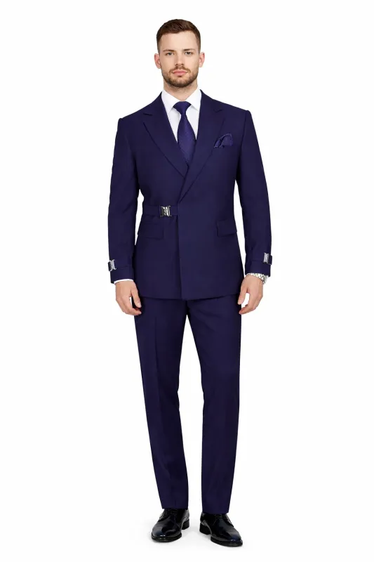 Men’s Navy Blue Double Breasted Wool Suit with Signature Buckle Closure Designer Tailored Fit sold by Alberto Nardoni