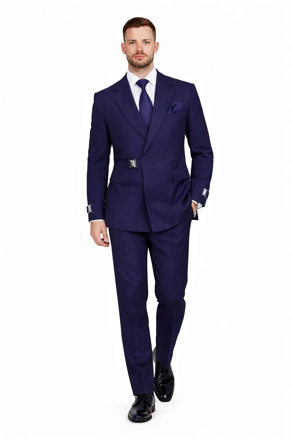 Men’s Navy Blue Double Breasted Wool Suit with Signature Buckle Closure Designer Tailored Fit sold by Alberto Nardoni product image thumbnail 5