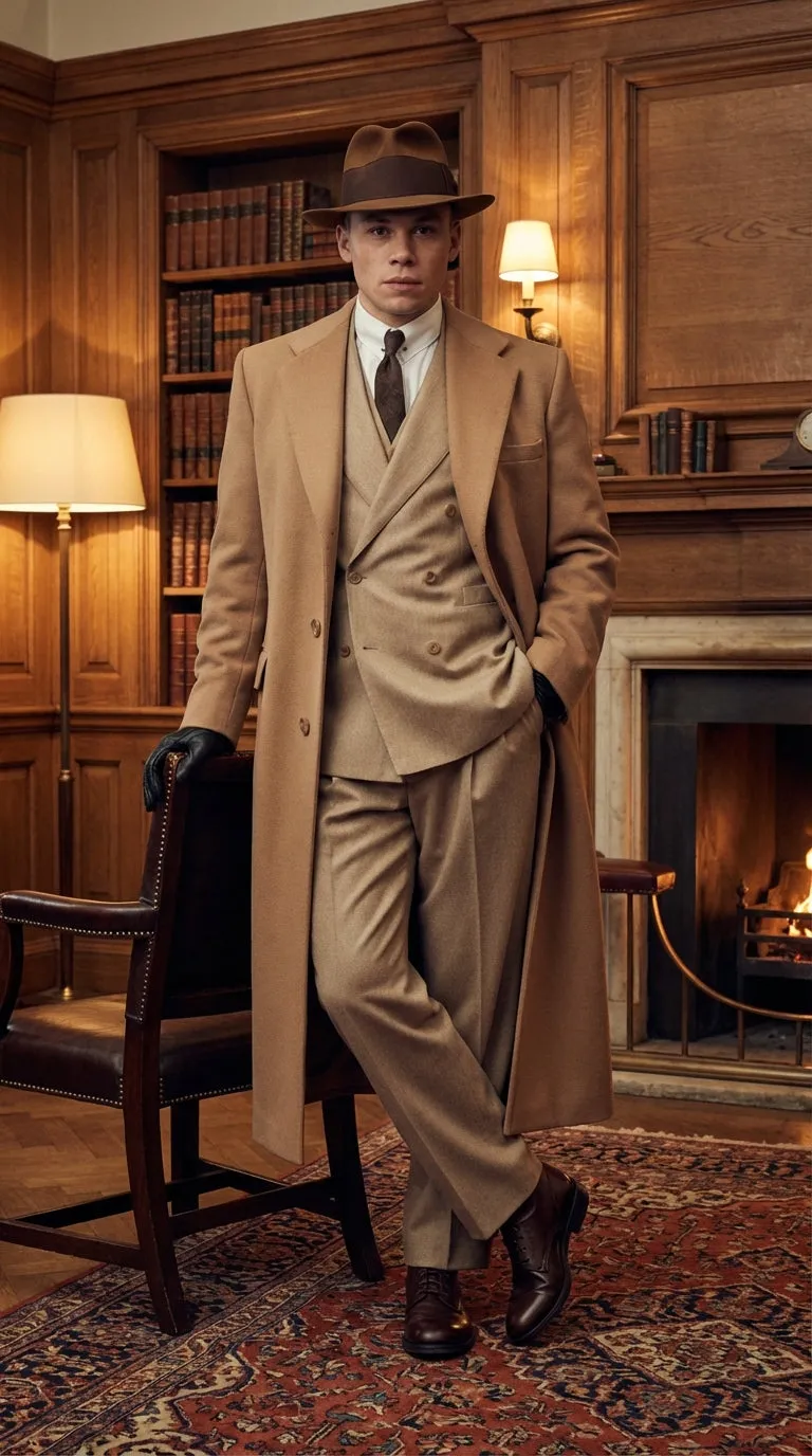 Men’s Cashmere & Wool Camel Beige Long Overcoat – Peaky Blinders Style Vintage Formal Coat + Suit + Hat Package sold by Alberto Nardoni product image thumbnail 5