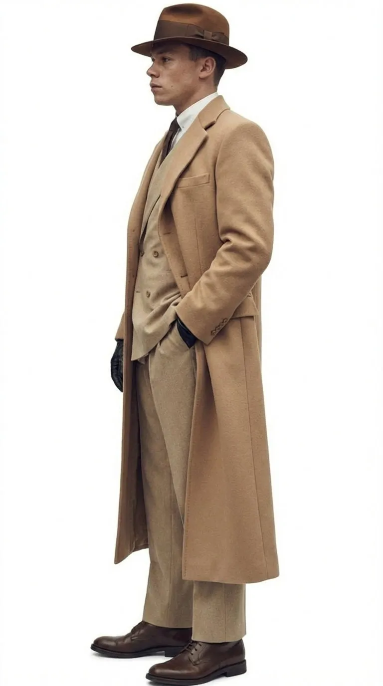 Men’s Cashmere & Wool Camel Beige Long Overcoat – Peaky Blinders Style Vintage Formal Coat + Suit + Hat Package sold by Alberto Nardoni product image thumbnail 3