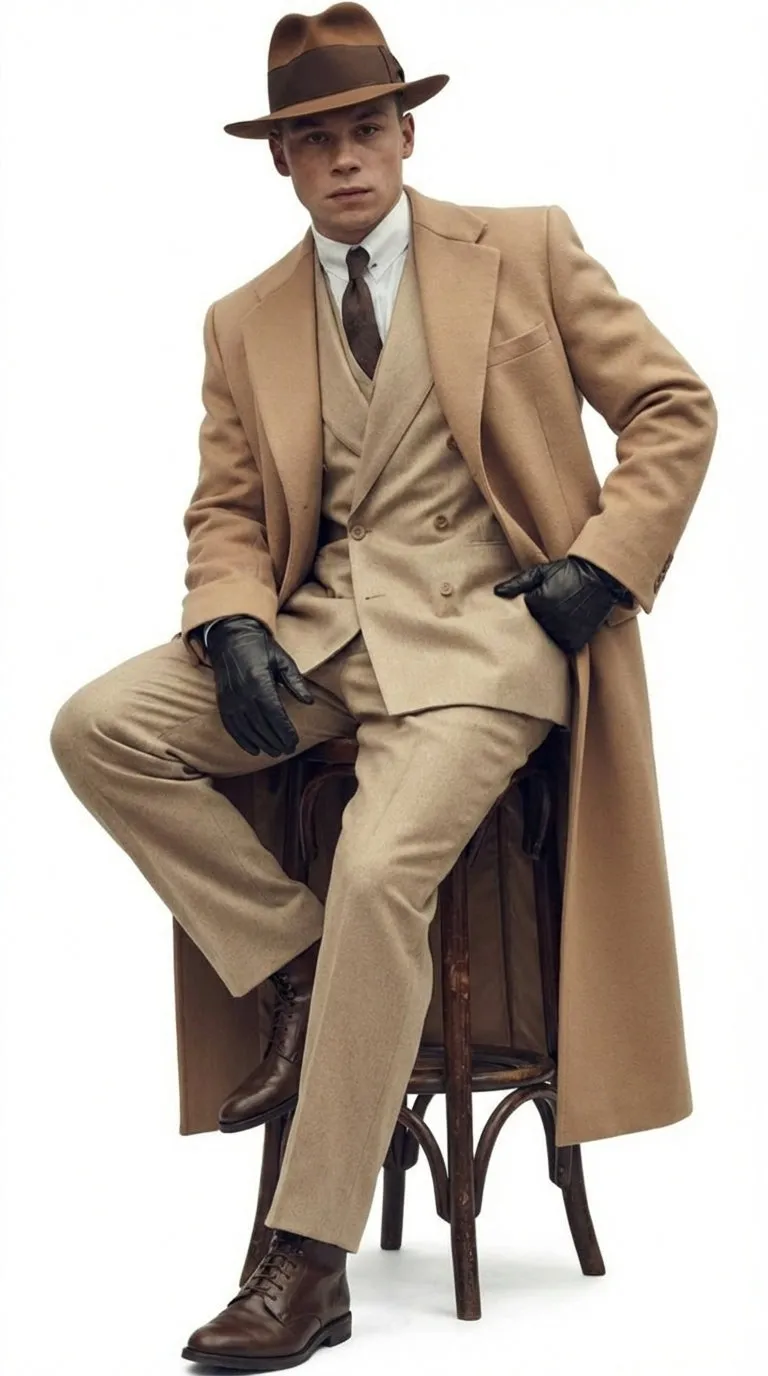 Men’s Cashmere & Wool Camel Beige Long Overcoat – Peaky Blinders Style Vintage Formal Coat + Suit + Hat Package sold by Alberto Nardoni product image thumbnail 4