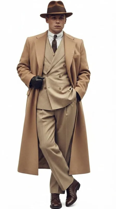 Men’s Cashmere & Wool Camel Beige Long Overcoat – Peaky Blinders Style Vintage Formal Coat + Suit + Hat Package made by Alberto Nardoni