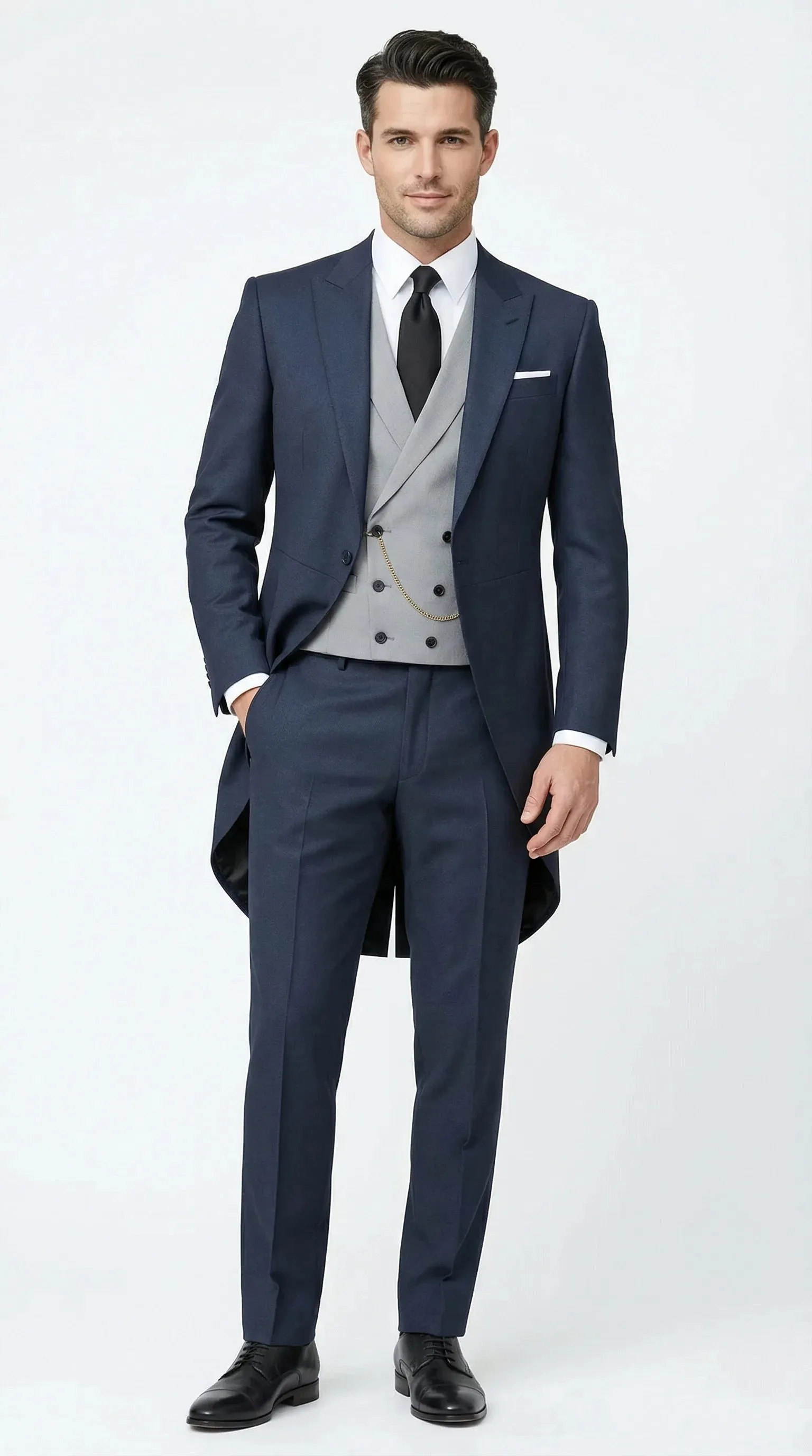 Men’s Navy Blue Three-Piece Formal Suit – Cutaway Blazer and Trousers for Wedding Tailcoat sold by Alberto Nardoni product image thumbnail 2