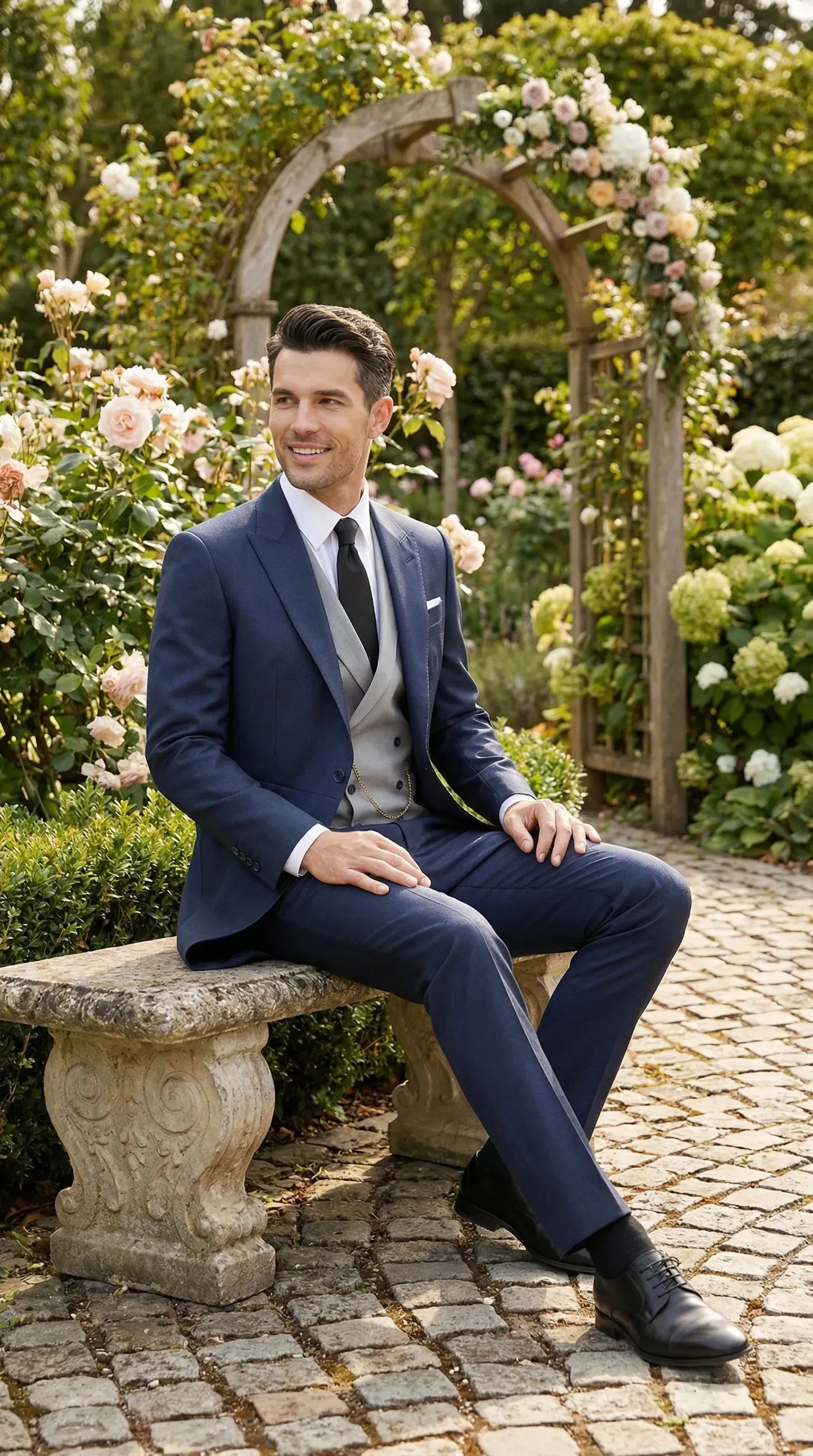 Men’s Navy Blue Three-Piece Formal Suit – Cutaway Blazer and Trousers for Wedding Tailcoat sold by Alberto Nardoni product image thumbnail 3