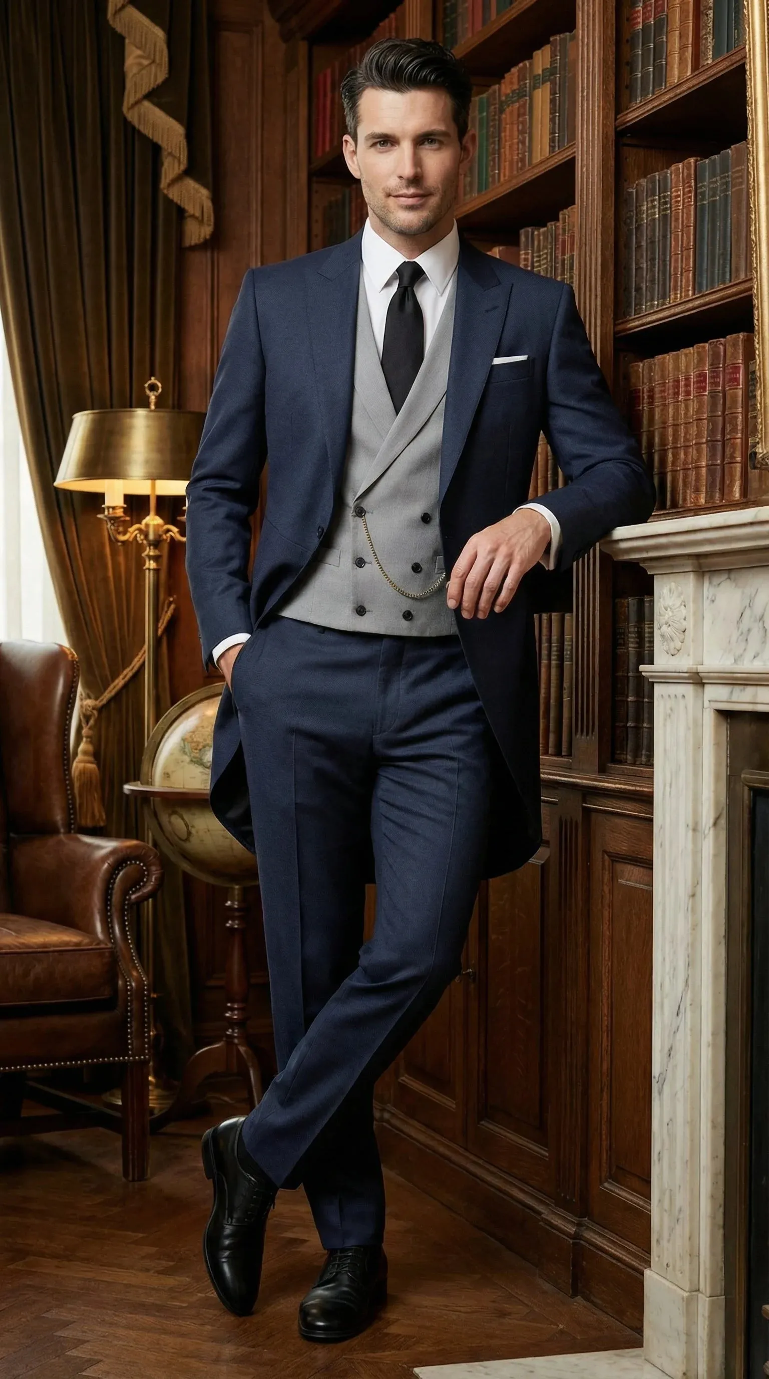 Men’s Navy Blue Three-Piece Formal Suit – Cutaway Blazer and Trousers for Wedding Tailcoat sold by Alberto Nardoni product image thumbnail 4