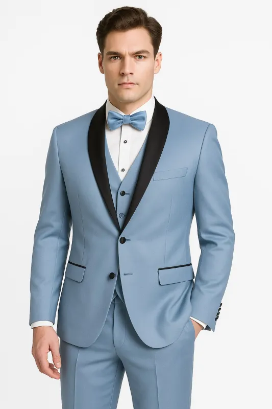 Dusty Blue Suit – Shawl Collar Vested 3-Piece Men’s Suit, Slim Fit Jacket, Pants & Vest made by Alberto Nardoni