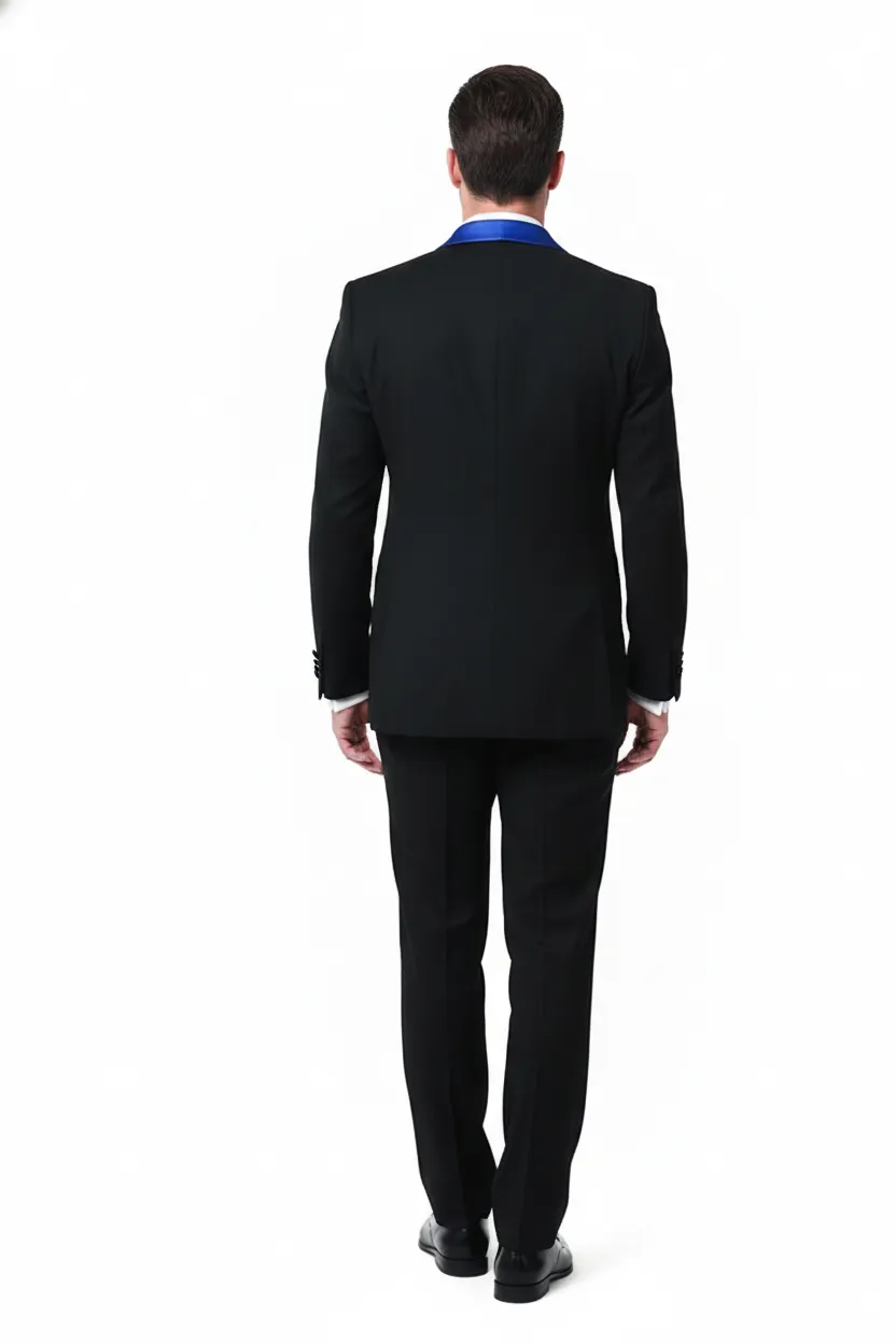 Men’s Black Suit with Royal Blue Shawl Lapel – Modern Formal Dinner Jacket & Pants for Weddings & Proms sold by Alberto Nardoni product image thumbnail 2