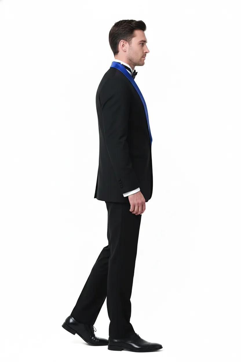 Men’s Black Suit with Royal Blue Shawl Lapel – Modern Formal Dinner Jacket & Pants for Weddings & Proms sold by Alberto Nardoni product image thumbnail 3