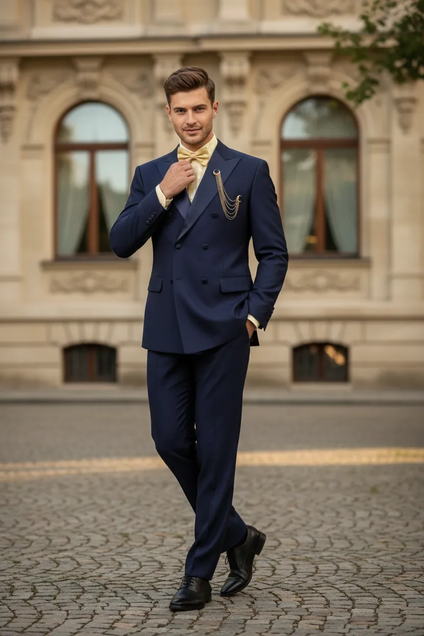 Men’s Navy Blue Double-Breasted Suit with Satin Peak Lapel – Wedding Suit sold by Alberto Nardoni product image thumbnail 4