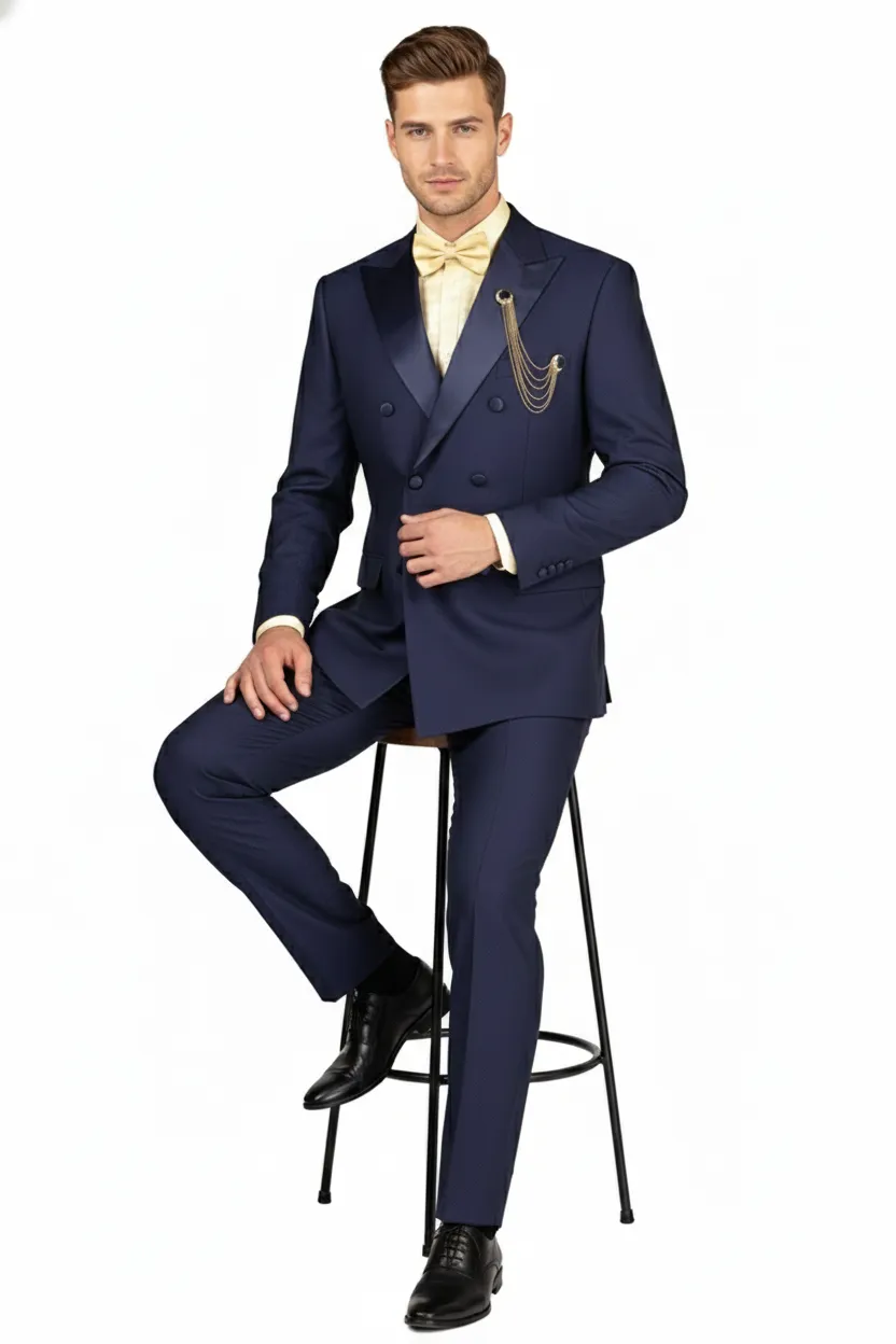 Men’s Navy Blue Double-Breasted Suit with Satin Peak Lapel – Wedding Suit sold by Alberto Nardoni product image thumbnail 5